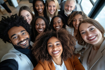 Obraz premium People of Different Skin Tones, Ethnicities, and Backgrounds Taking a Joyful Selfie in the Office