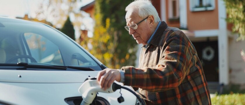 Elderly man in blue shirt charges electric car with white hair and glasses. - Powered by Adobe