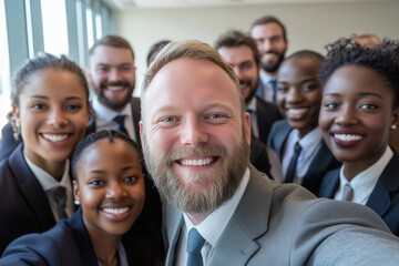 Obraz premium People of Different Skin Tones, Ethnicities, and Backgrounds Taking a Joyful Selfie in the Office