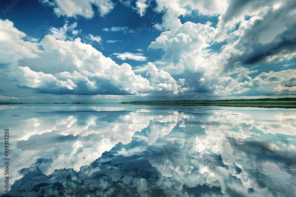 Poster a large body of water with clouds in the sky, suitable for use in travel or nature-themed projects