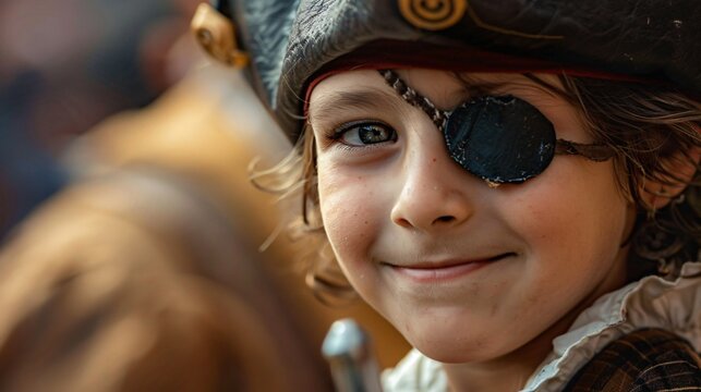 Mischievous Pirate Child Close-Up with Eye Patch and Tricorn Hat