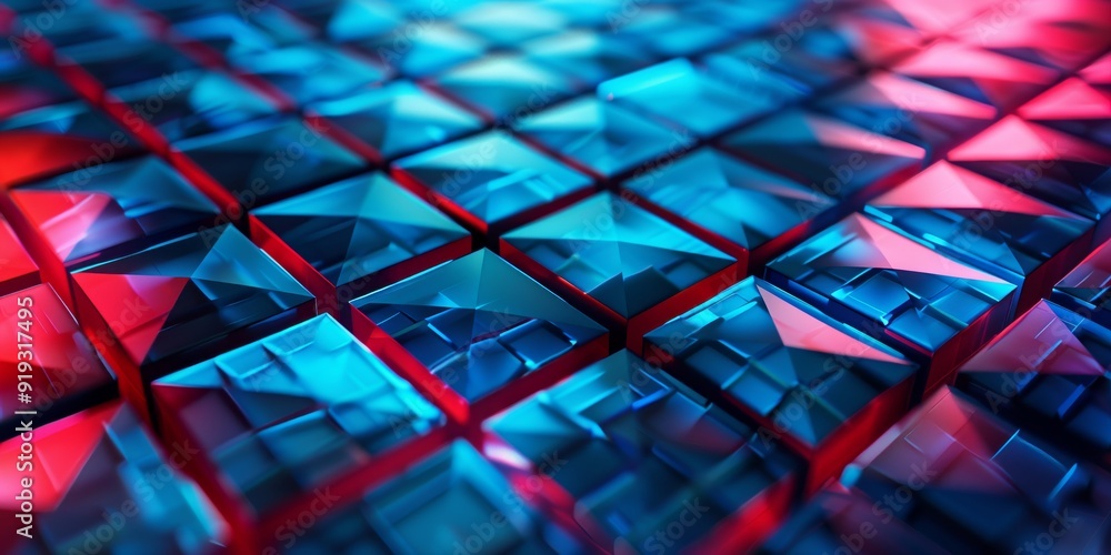 Poster abstract background with a grid and polygonal patterns in bright blue and red tones.