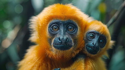 Obraz premium two orange-furred monkeys, a mother holding a baby.