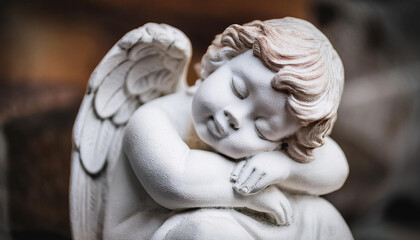 White stone sculpture of sleeping guardian angel. Antique statue with closed eyes. Religion concept