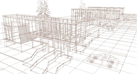 townhouse architectural sketch 3d illustration