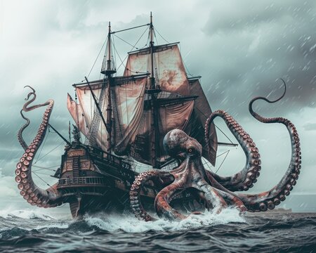 Terrifyingly huge as a sea creature octopus ship, the kraken tries to sink a huge pirate ship. It has gripped the ship in its tentacles and nearly capsized it.This happens during a thunderstorm