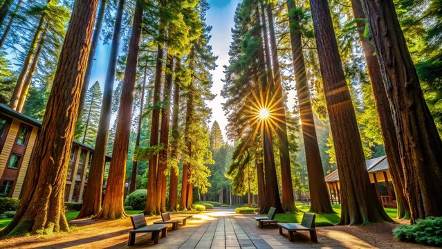 Majestic redwoods surround a sun-drenched courtyard at a prestigious West Coast university, evoking a sense of academic excellence and serene natural beauty.