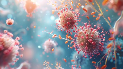 3D illustration of COVID-19 virus particles, depicting the virus's structure and impact