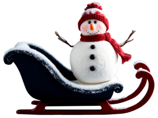 Miniature snowman on sleigh, christmas and celebration concept, on transparent background PNG.