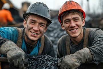 Fototapeta premium Two young workers in dirty attire and helmets smile at the camera, showcasing their blackened faces, hands, and uniform amid coal piles at an industrial outdoor location.