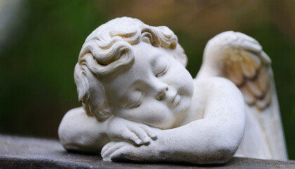 White stone sculpture of sleeping guardian angel. Antique statue with closed eyes. Religion concept