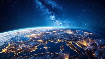 3D Earth with visible cloud atmosphere and city lights in Europe at night