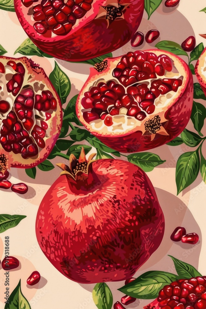 Poster a pattern featuring pomegranates and leaves on a beige background, suitable for decorative purposes 