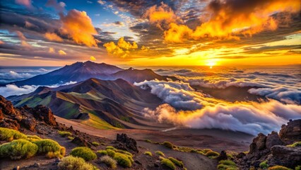 Majestic sunrise unfolds over Haleakala National Park's volcanic landscape, with clouds awash in vibrant hues, illuminating the Maui island's rugged beauty and serene atmosphere.