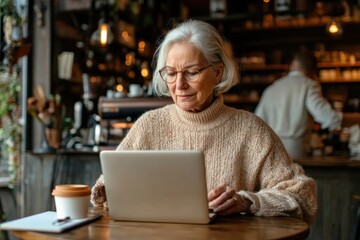 An elderly woman in a knit sweater is using a laptop while sitting at a cafe table with a coffee cup, highlighting a serene and comfortable environment.