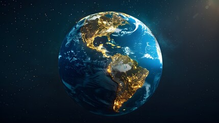 Obraz premium A satellite view of the Earth with gold highlights marking major gold mines and reserves worldwide