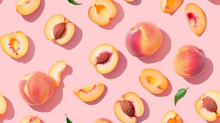 Peaches and peach slices on a pink background.