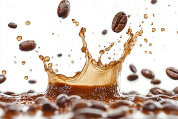 Coffee Splash with Coffee Beans on White Background with generative ai