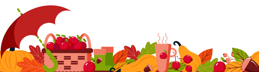 Flat illustration with apple basket, umbrella, rubber boots, pumpkins, berries, acorns, leaves and a cup of hot drink. Cute autumn concept vector horizontal long banner.
