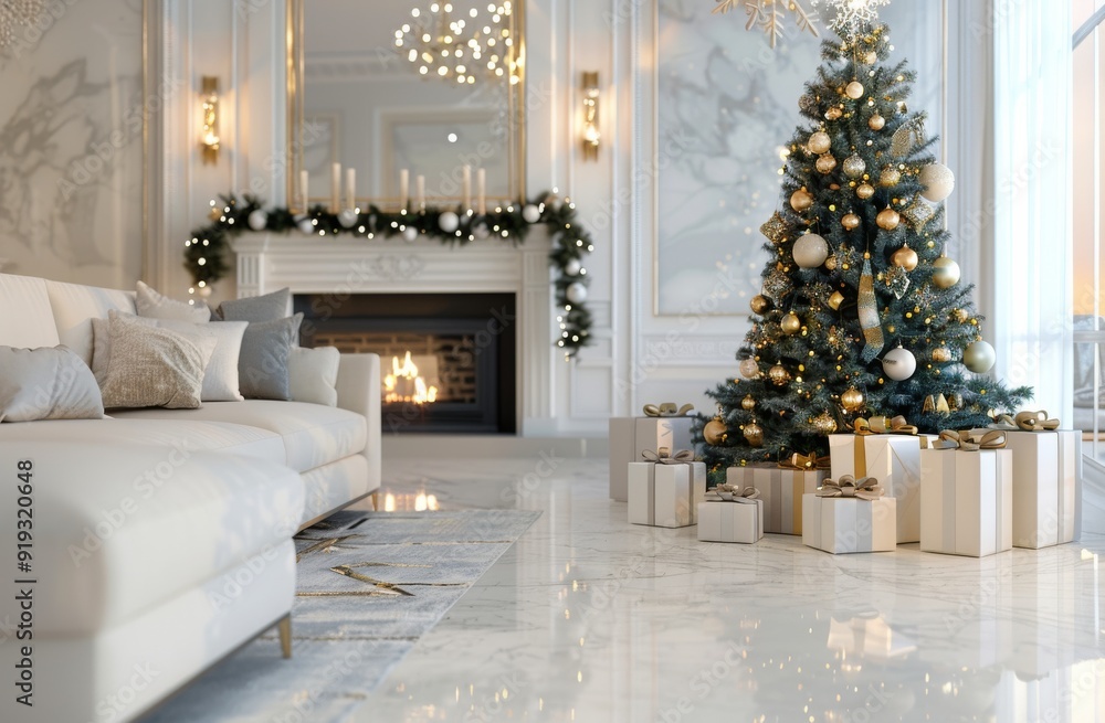 Wall mural elegant christmas living room with tree, gifts, and festive decorations