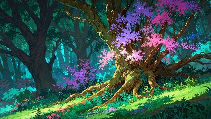 Enchanting Fantasy Forest: Vibrant Plant with Emerald, Magenta, and Gold Leaves in a Stunning Digital Painting Anime Background
