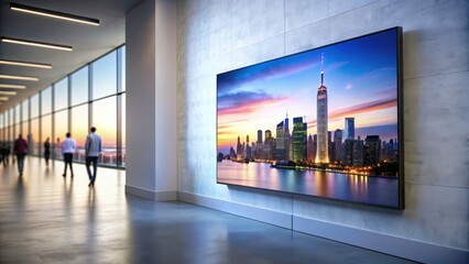 Modern sleek LCD screen mounted on a sleek white wall in a minimalist room, displaying a vibrant cityscape at dusk with blurred pedestrians.
