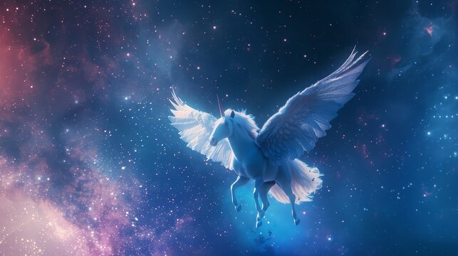 Pegasus. Fantasy and mythology, astro symbolism, digital business, fantasy space fashion, constellation pegasus, beauty of the cosmos, magic animal, freedom concept.