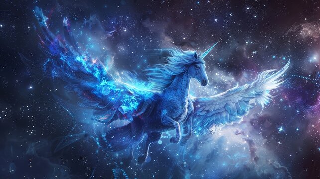 Pegasus. Fantasy and mythology, astro symbolism, digital business, fantasy space fashion, constellation pegasus, beauty of the cosmos, magic animal, freedom concept.