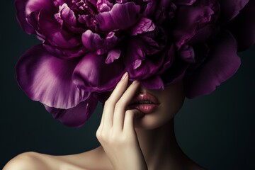Woman's face partially obscured by large purple flower petals, evoking a sense of mystery and elegance.