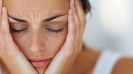 Fototapeta premium Young Woman Experiencing Stress With Hands on Face in Bright Room During Daylight