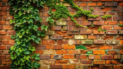 Old rustic red bricks with moss and ivy growing on them, forming a worn and weathered exterior wall with a distressed, vintage aesthetic.