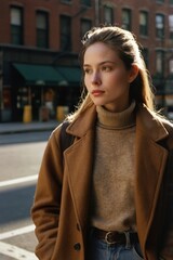 Obraz premium Chic Street Style: A Woman with Long Hair in a Brown Coat