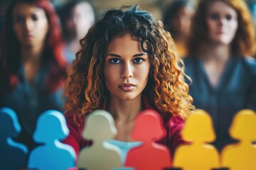 Obraz premium Focused woman amidst blurred figures in meeting