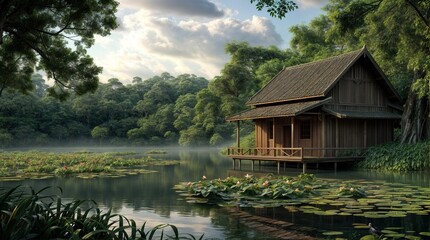 Fototapeta premium Pond landscape, traditional wooden house