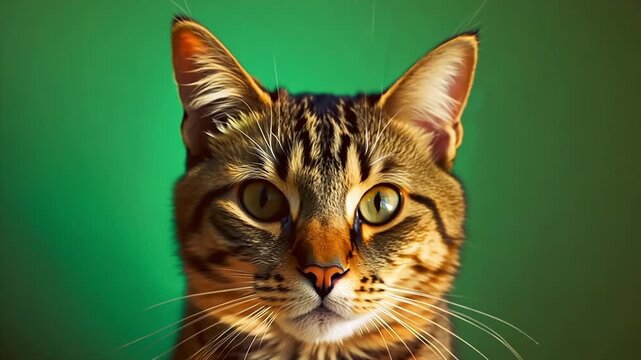 red tabby cat on green background