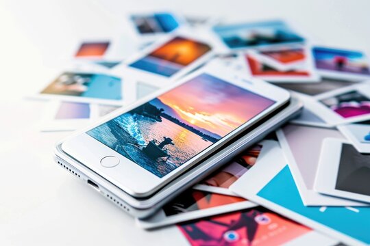 A cell phone resting on top of a stack of photographs, great for use in digital photography or technology-related projects