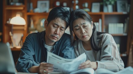 Fototapeta premium Asian couple at home, stressed and worried about past due bills and financial crisis