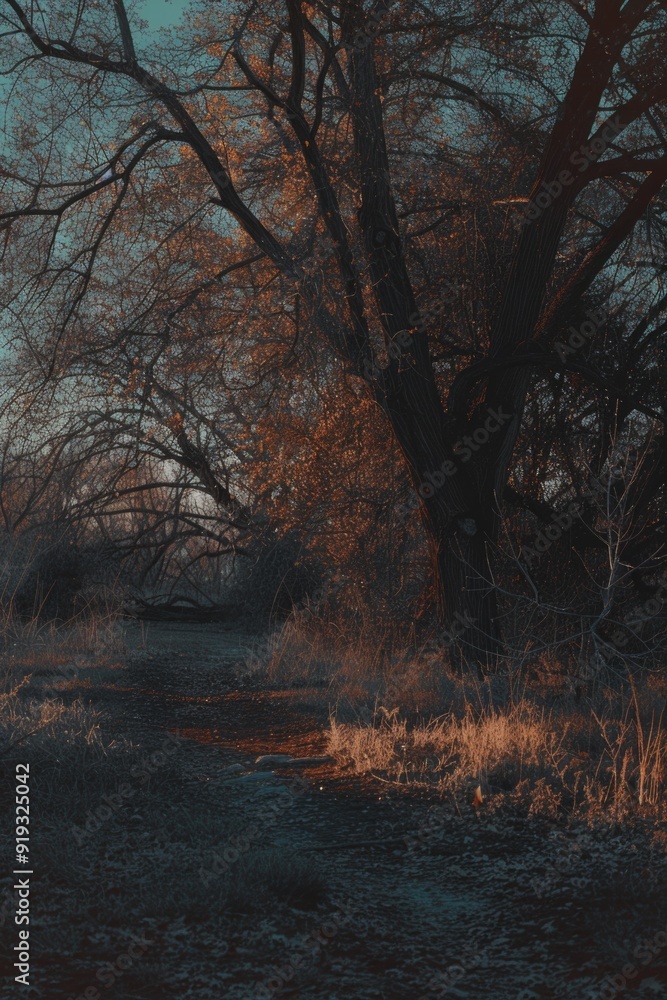 Poster a lone fire hydrant sitting in a dense forest, surrounded by trees and foliage