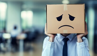 Photo of a businessman with a sad face drawn on a cardboard box over his head, office blurred background.
