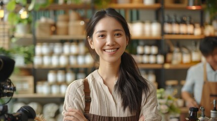 Asian entrepreneur discussing eco-friendly packaging solutions with customers, showcasing plastic-free options in her retail shop