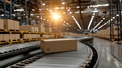 Obraz premium Cardboard boxes move steadily along a conveyor belt amid a bustling warehouse filled with packages, illuminated by warm sunlight