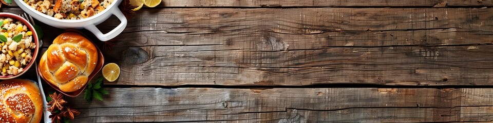 A rustic wooden table set with a delicious spread of food, including bowls of pasta, a casserole dish, and  breads.