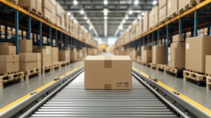 Fototapeta premium Cardboard boxes move steadily along a conveyor belt amid a bustling warehouse filled with packages, illuminated by warm sunlight