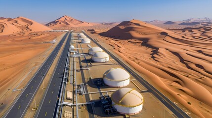Liquid Gold Amidst the Dunes: An aerial perspective of a sprawling oil refinery, its gleaming white storage tanks contrasting sharply with the undulating red sand dunes of a vast desert landscape. 