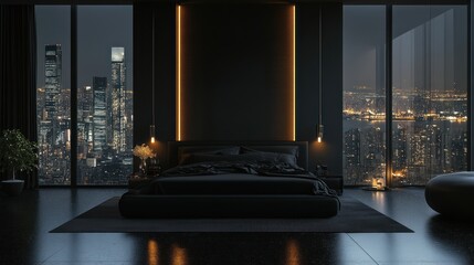 Luxurious black master bedroom in modern style with city views at night.