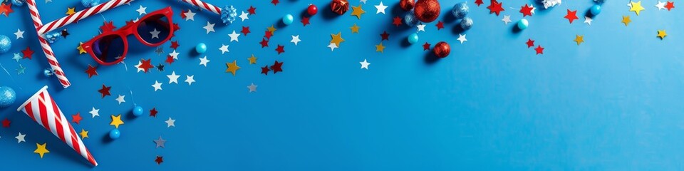 Fototapeta premium A festive blue background with red, white, and gold confetti and party supplies.