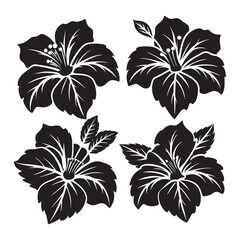 Obraz premium Vector set of black silhouettes of tropical hibiscus flowers isolated on a white background