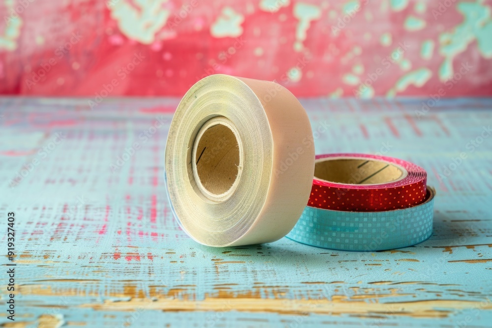 Poster Two adhesive rolls sit on a table, ready for use