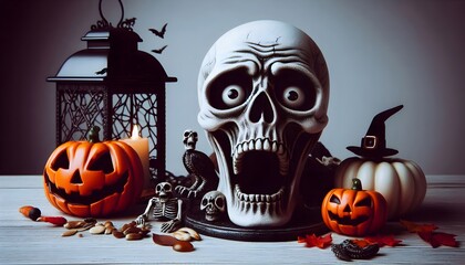 An spooky 3D Halloween scene, with a skull, some pumpkins and a lantern