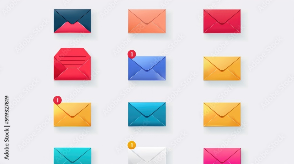 Poster A collection of colorful envelopes arranged neatly on a clean white surface